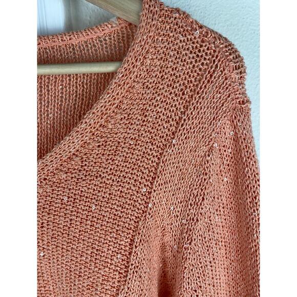 Chico's Women's Size 3 Peach Sequin Cotton Blend V-Neck Pullover Sweater - Picture 2 of 6